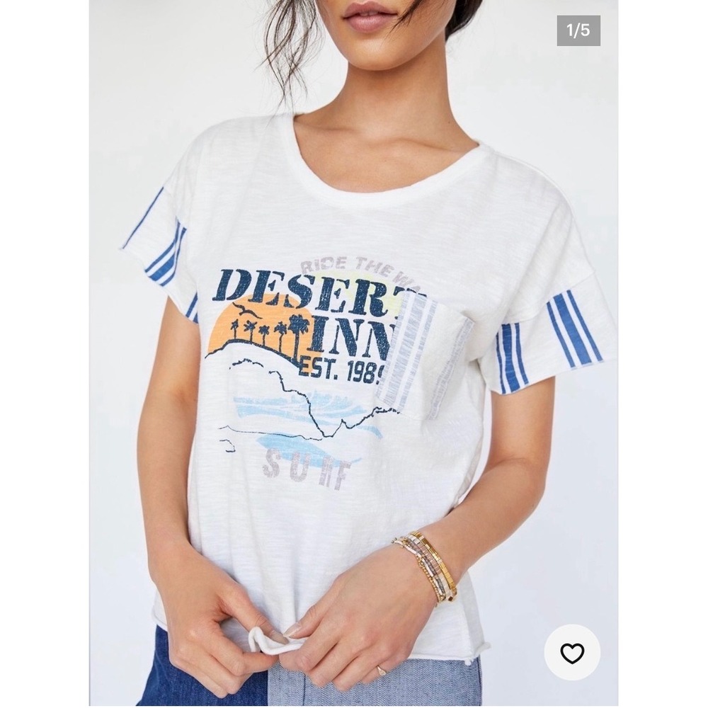 Pilcro Anthropologie Desert Inn Surf Graphic Tee White Blue XS
